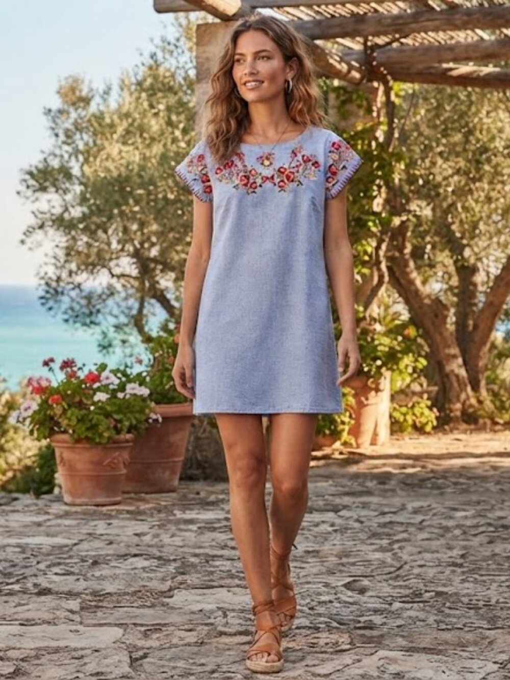 THML Light Blue Mini Dress with Floral Embroidery
